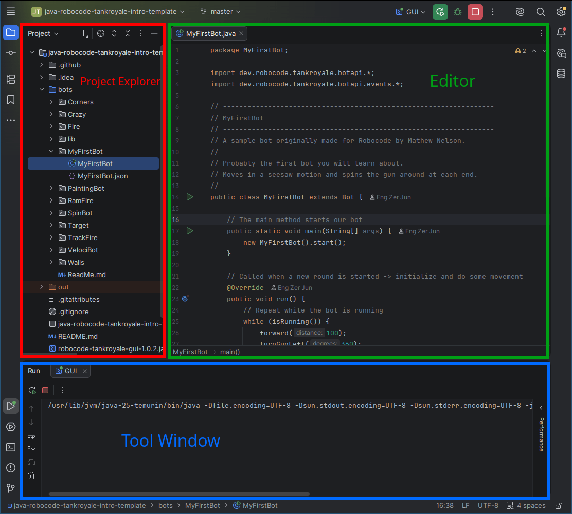 IntelliJ IDEA 工作区示意图：Project、Editor、Run widget 与 Run tool window